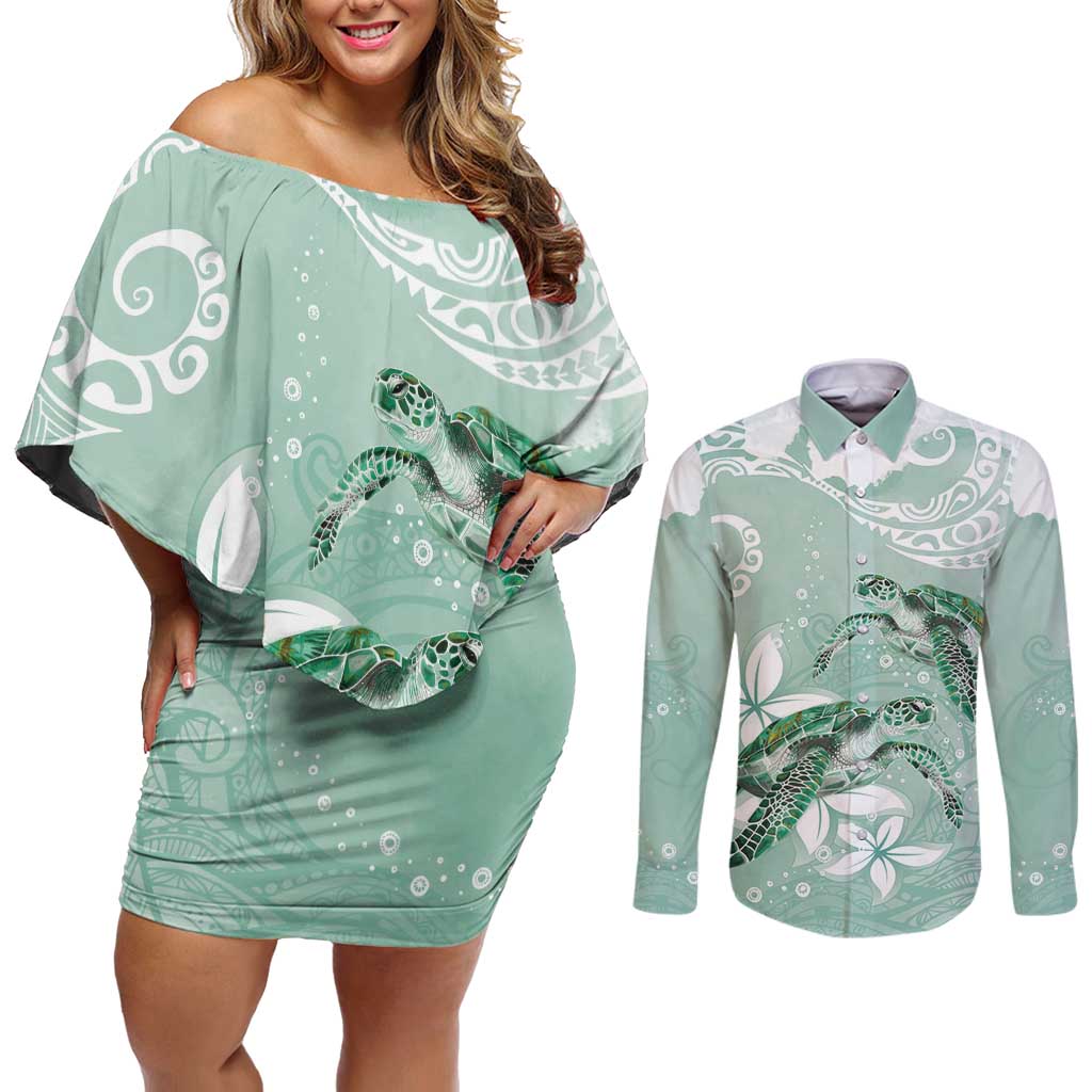 Happy Valentine's Day Polynesia Couples Matching Off Shoulder Short Dress and Long Sleeve Button Shirt SeaTurtle Couple Polynesian - Green Lester Color LT14 Green - Polynesian Pride