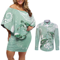 Happy Valentine's Day Polynesia Couples Matching Off Shoulder Short Dress and Long Sleeve Button Shirt SeaTurtle Couple Polynesian - Green Lester Color LT14 Green - Polynesian Pride