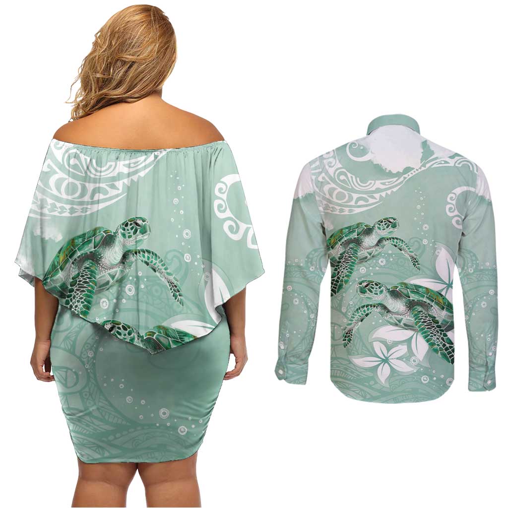 Happy Valentine's Day Polynesia Couples Matching Off Shoulder Short Dress and Long Sleeve Button Shirt SeaTurtle Couple Polynesian - Green Lester Color LT14 - Polynesian Pride