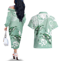 Happy Valentine's Day Polynesia Couples Matching Off The Shoulder Long Sleeve Dress and Hawaiian Shirt SeaTurtle Couple Polynesian - Green Lester Color LT14 - Polynesian Pride