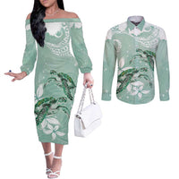 Happy Valentine's Day Polynesia Couples Matching Off The Shoulder Long Sleeve Dress and Long Sleeve Button Shirt SeaTurtle Couple Polynesian - Green Lester Color LT14 Green - Polynesian Pride
