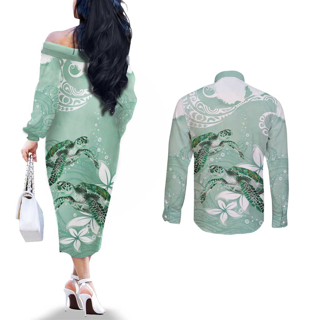 Happy Valentine's Day Polynesia Couples Matching Off The Shoulder Long Sleeve Dress and Long Sleeve Button Shirt SeaTurtle Couple Polynesian - Green Lester Color LT14 - Polynesian Pride