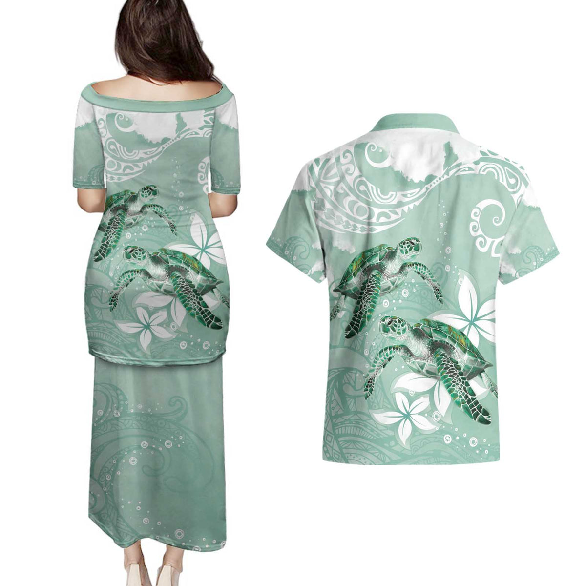 Happy Valentine's Day Polynesia Couples Matching Puletasi and Hawaiian Shirt SeaTurtle Couple Polynesian - Green Lester Color LT14 - Polynesian Pride