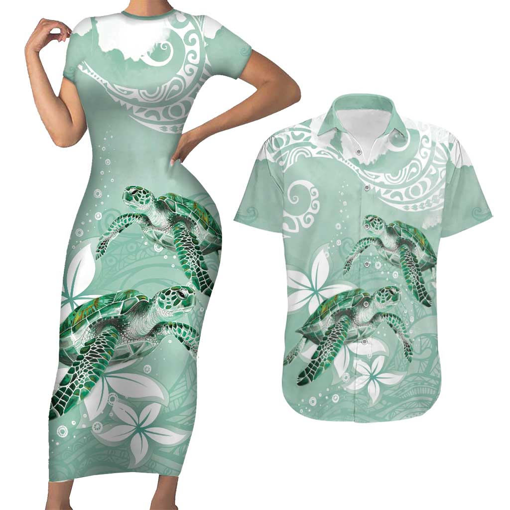Happy Valentine's Day Polynesia Couples Matching Short Sleeve Bodycon Dress and Hawaiian Shirt SeaTurtle Couple Polynesian - Green Lester Color LT14 Green - Polynesian Pride