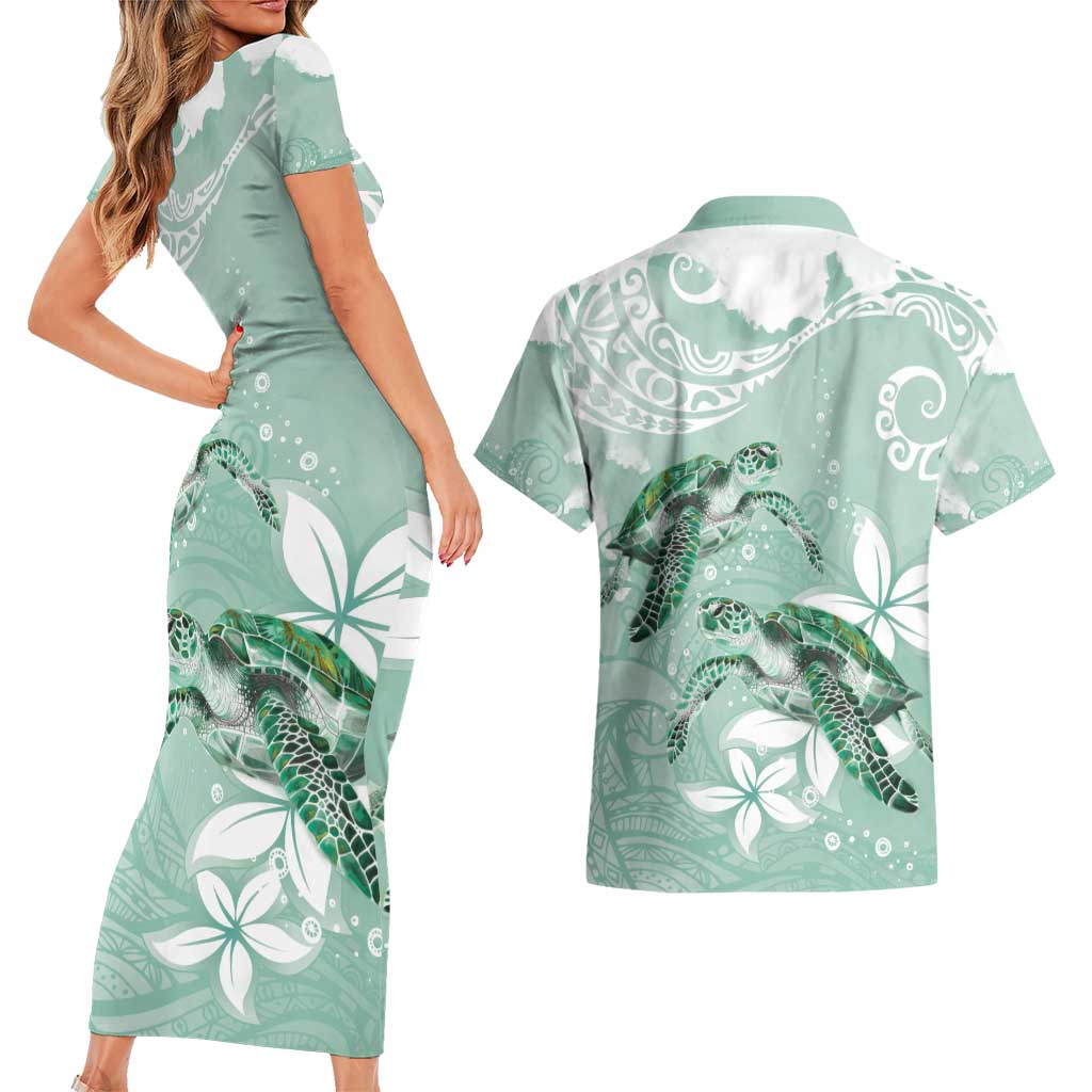 Happy Valentine's Day Polynesia Couples Matching Short Sleeve Bodycon Dress and Hawaiian Shirt SeaTurtle Couple Polynesian - Green Lester Color LT14 - Polynesian Pride