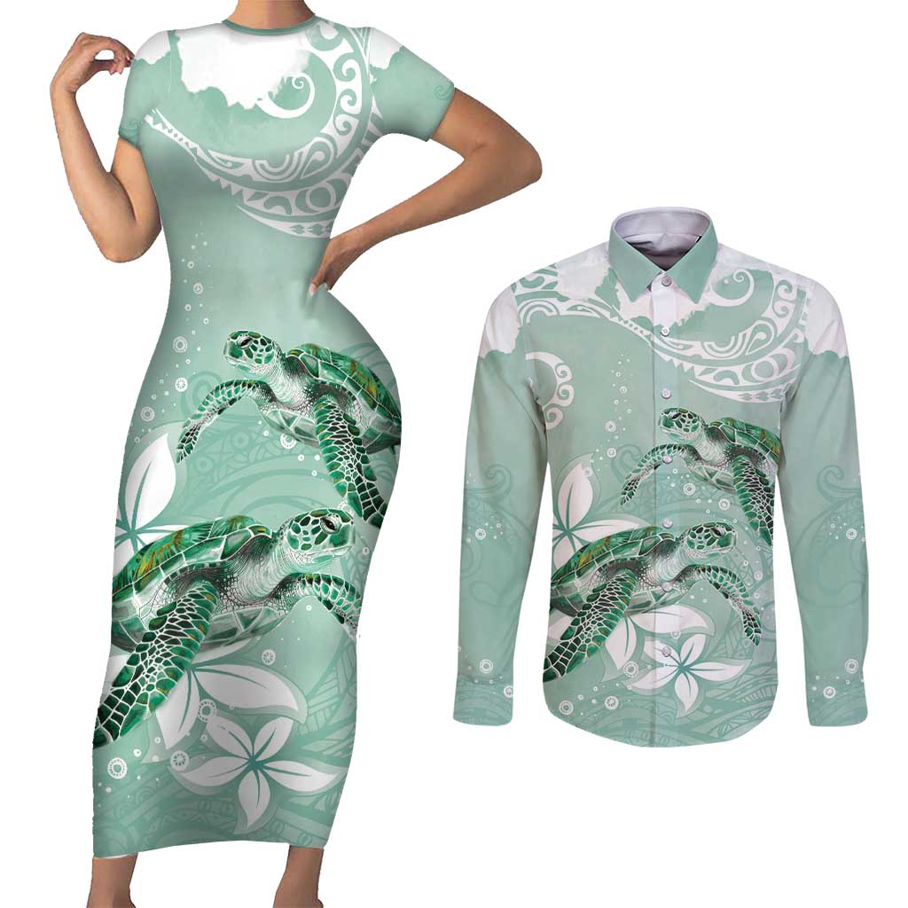 Happy Valentine's Day Polynesia Couples Matching Short Sleeve Bodycon Dress and Long Sleeve Button Shirt SeaTurtle Couple Polynesian - Green Lester Color LT14 Green - Polynesian Pride