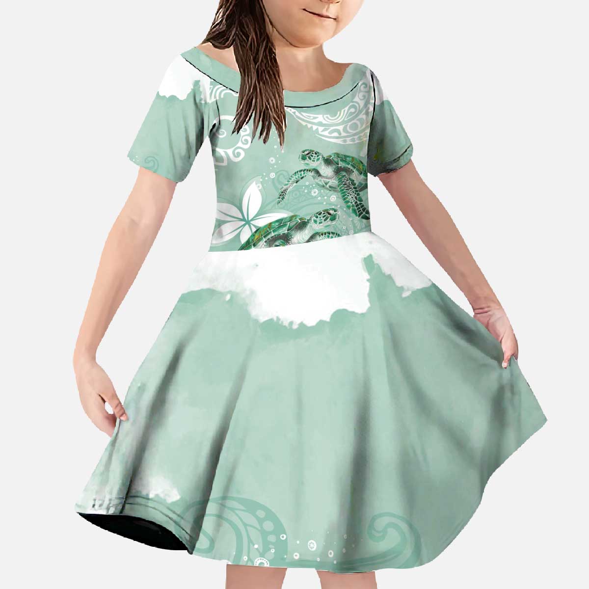 Happy Valentine's Day Polynesia Family Matching Off The Shoulder Long Sleeve Dress and Hawaiian Shirt SeaTurtle Couple Polynesian - Green Lester Color LT14 Daughter's Dress Green - Polynesian Pride