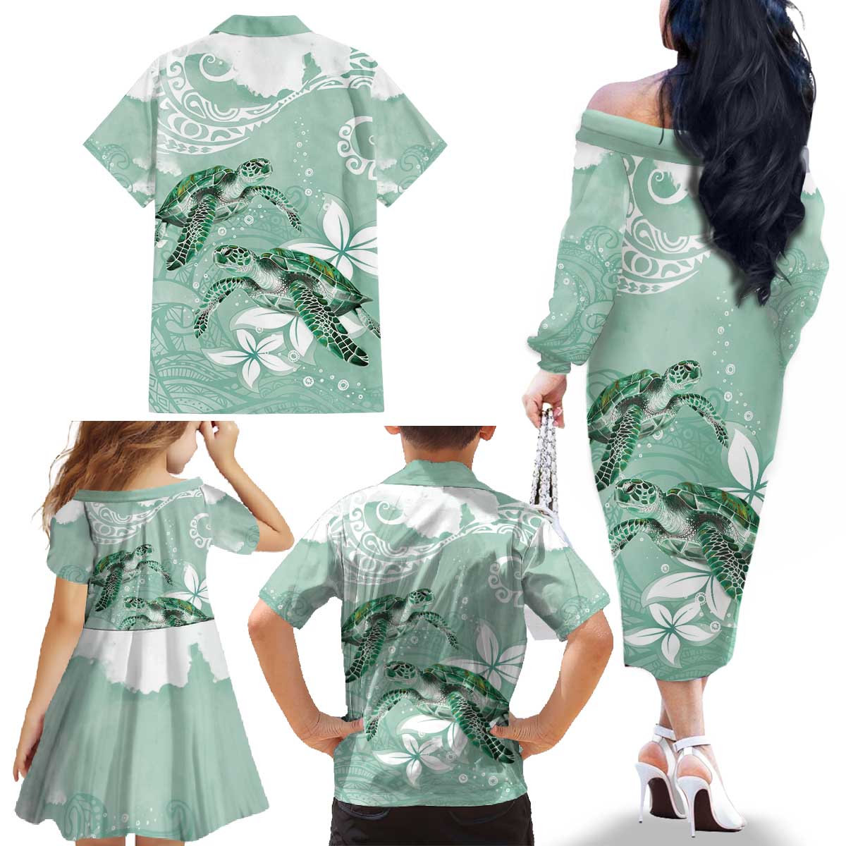 Happy Valentine's Day Polynesia Family Matching Off The Shoulder Long Sleeve Dress and Hawaiian Shirt SeaTurtle Couple Polynesian - Green Lester Color LT14 - Polynesian Pride