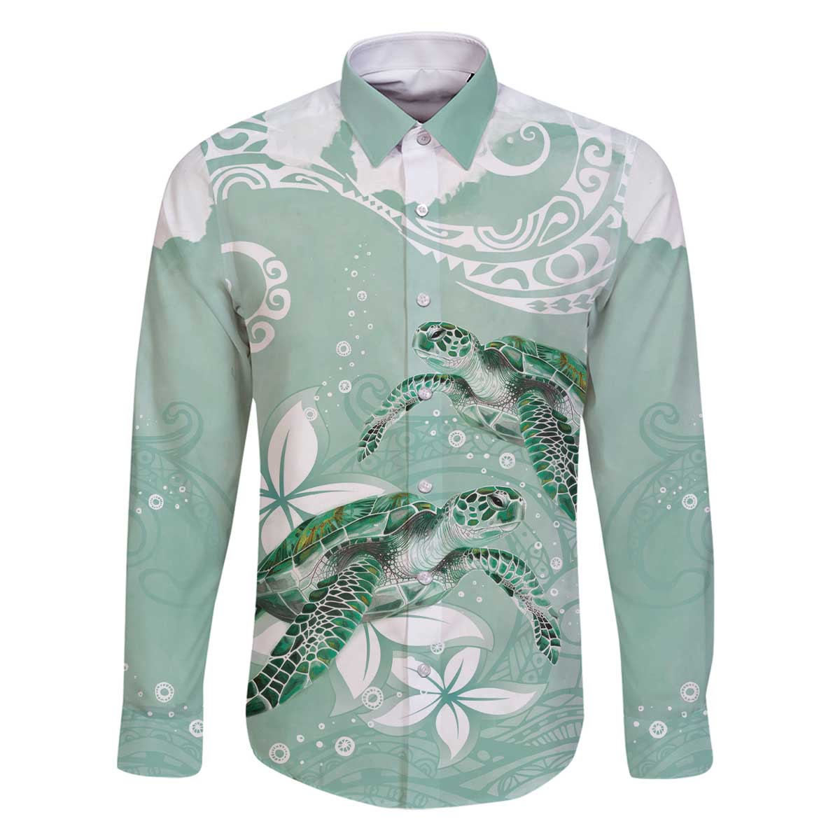 Happy Valentine's Day Polynesia Family Matching Off The Shoulder Long Sleeve Dress and Hawaiian Shirt SeaTurtle Couple Polynesian - Green Lester Color LT14 Dad's Shirt - Long Sleeve Green - Polynesian Pride