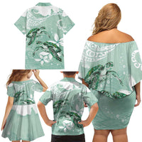 Happy Valentine's Day Polynesia Family Matching Off Shoulder Short Dress and Hawaiian Shirt SeaTurtle Couple Polynesian - Green Lester Color LT14 - Polynesian Pride