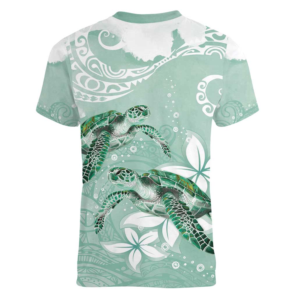 Happy Valentine's Day Polynesia Women V-Neck T-Shirt SeaTurtle Couple Polynesian - Green Lester Color LT14 - Polynesian Pride