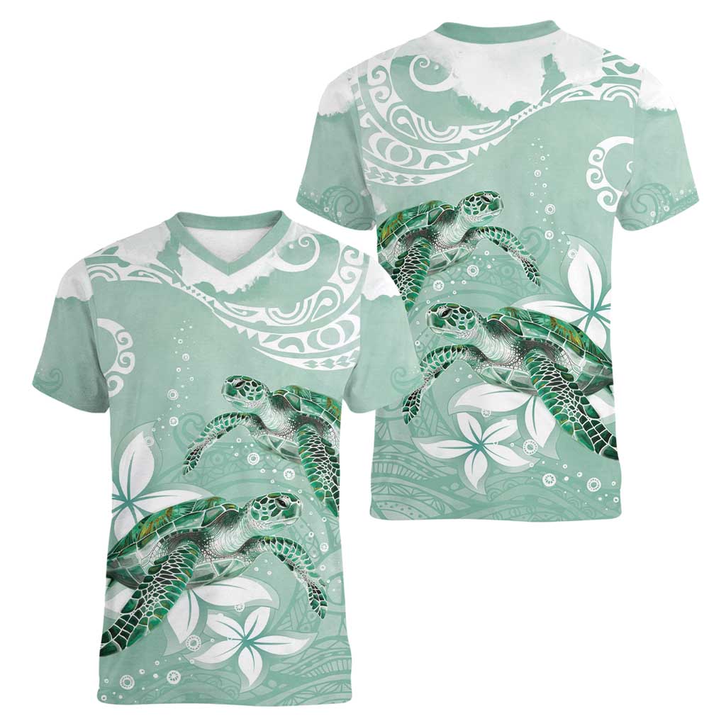Happy Valentine's Day Polynesia Women V-Neck T-Shirt SeaTurtle Couple Polynesian - Green Lester Color LT14 - Polynesian Pride
