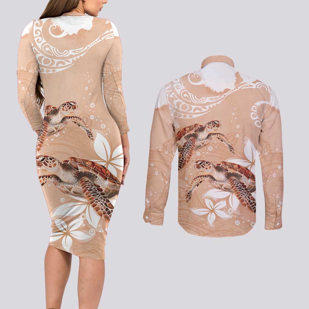 Happy Valentine's Day Polynesia Couples Matching Long Sleeve Bodycon Dress and Long Sleeve Button Shirt SeaTurtle Couple Polynesian - Desert Sand Color LT14 - Polynesian Pride