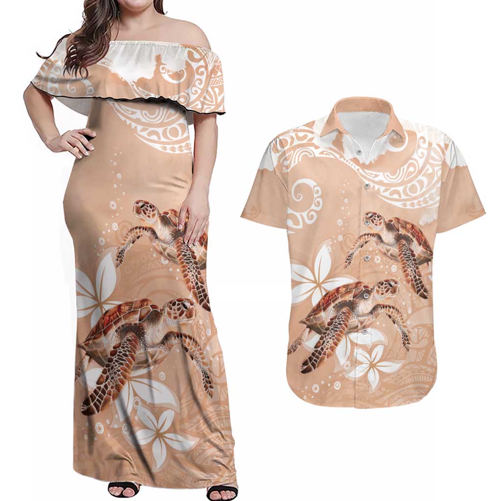 Happy Valentine's Day Polynesia Couples Matching Off Shoulder Maxi Dress and Hawaiian Shirt SeaTurtle Couple Polynesian - Desert Sand Color LT14 Desert Sand - Polynesian Pride