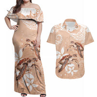 Happy Valentine's Day Polynesia Couples Matching Off Shoulder Maxi Dress and Hawaiian Shirt SeaTurtle Couple Polynesian - Desert Sand Color LT14 Desert Sand - Polynesian Pride