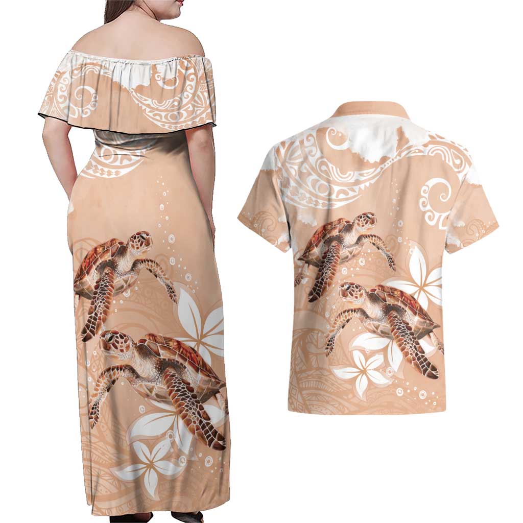 Happy Valentine's Day Polynesia Couples Matching Off Shoulder Maxi Dress and Hawaiian Shirt SeaTurtle Couple Polynesian - Desert Sand Color LT14 - Polynesian Pride