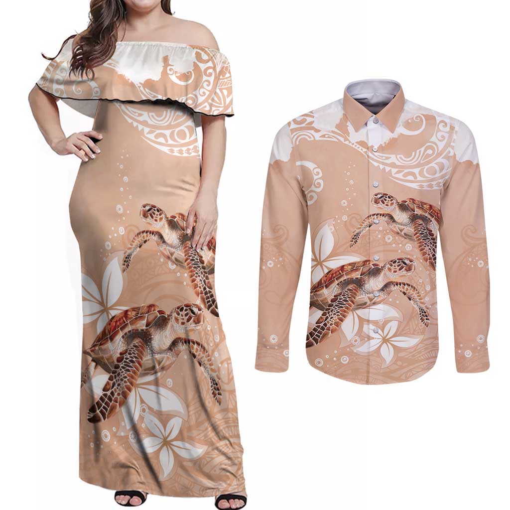 Happy Valentine's Day Polynesia Couples Matching Off Shoulder Maxi Dress and Long Sleeve Button Shirt SeaTurtle Couple Polynesian - Desert Sand Color LT14 Desert Sand - Polynesian Pride