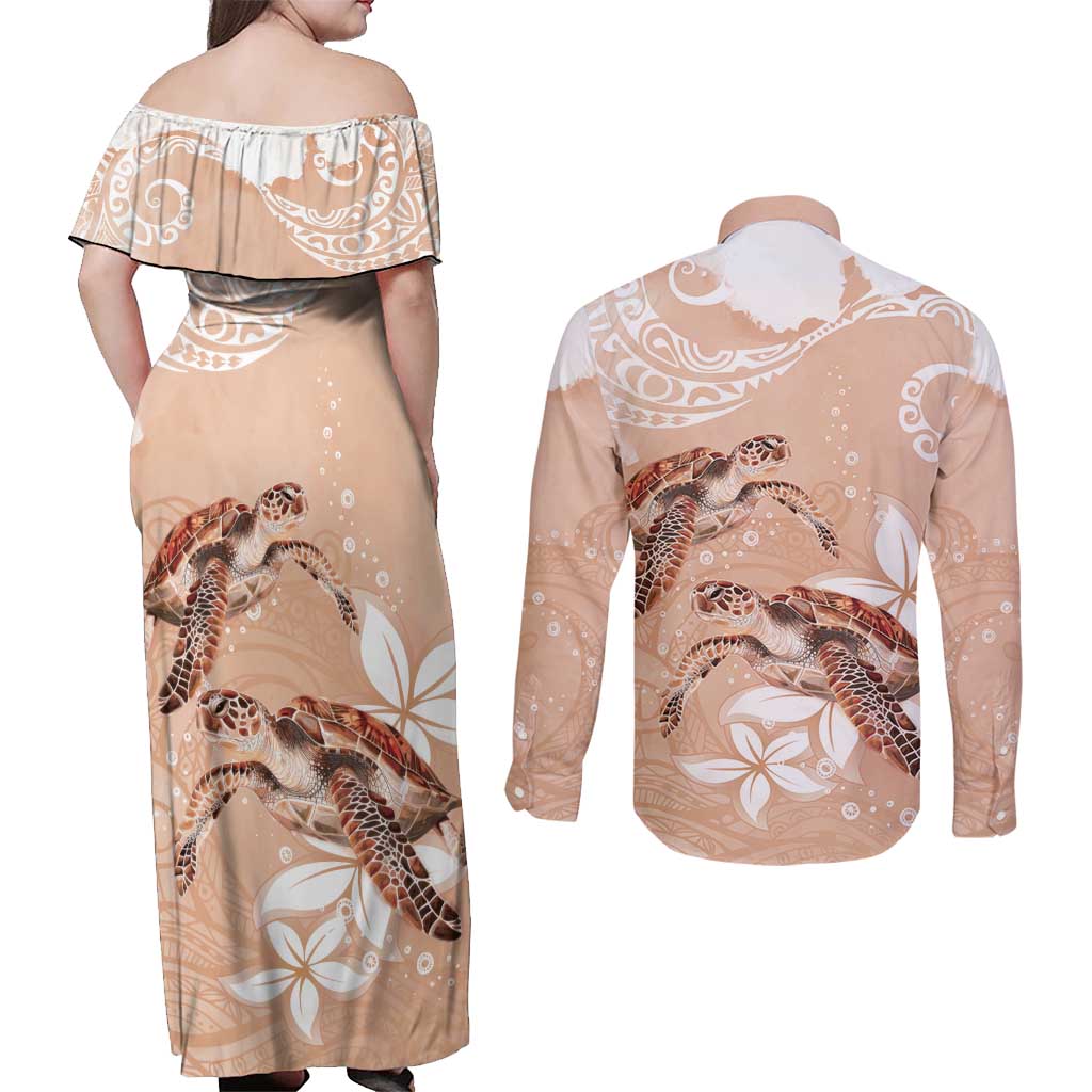 Happy Valentine's Day Polynesia Couples Matching Off Shoulder Maxi Dress and Long Sleeve Button Shirt SeaTurtle Couple Polynesian - Desert Sand Color LT14 - Polynesian Pride
