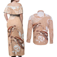 Happy Valentine's Day Polynesia Couples Matching Off Shoulder Maxi Dress and Long Sleeve Button Shirt SeaTurtle Couple Polynesian - Desert Sand Color LT14 - Polynesian Pride