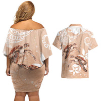 Happy Valentine's Day Polynesia Couples Matching Off Shoulder Short Dress and Hawaiian Shirt SeaTurtle Couple Polynesian - Desert Sand Color LT14 - Polynesian Pride