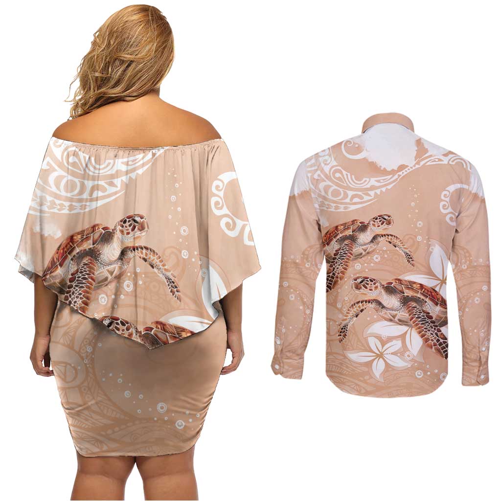 Happy Valentine's Day Polynesia Couples Matching Off Shoulder Short Dress and Long Sleeve Button Shirt SeaTurtle Couple Polynesian - Desert Sand Color LT14 - Polynesian Pride