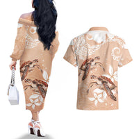 Happy Valentine's Day Polynesia Couples Matching Off The Shoulder Long Sleeve Dress and Hawaiian Shirt SeaTurtle Couple Polynesian - Desert Sand Color LT14 - Polynesian Pride