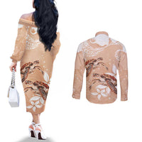 Happy Valentine's Day Polynesia Couples Matching Off The Shoulder Long Sleeve Dress and Long Sleeve Button Shirt SeaTurtle Couple Polynesian - Desert Sand Color LT14 - Polynesian Pride