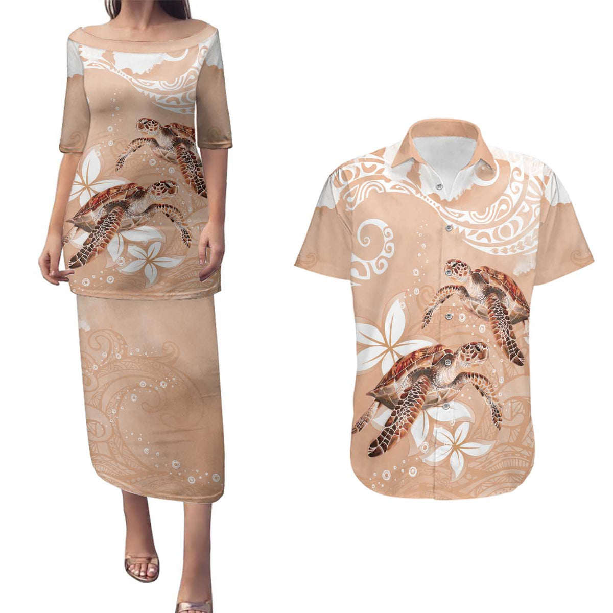 Happy Valentine's Day Polynesia Couples Matching Puletasi and Hawaiian Shirt SeaTurtle Couple Polynesian - Desert Sand Color LT14 Desert Sand - Polynesian Pride
