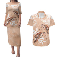 Happy Valentine's Day Polynesia Couples Matching Puletasi and Hawaiian Shirt SeaTurtle Couple Polynesian - Desert Sand Color LT14 Desert Sand - Polynesian Pride