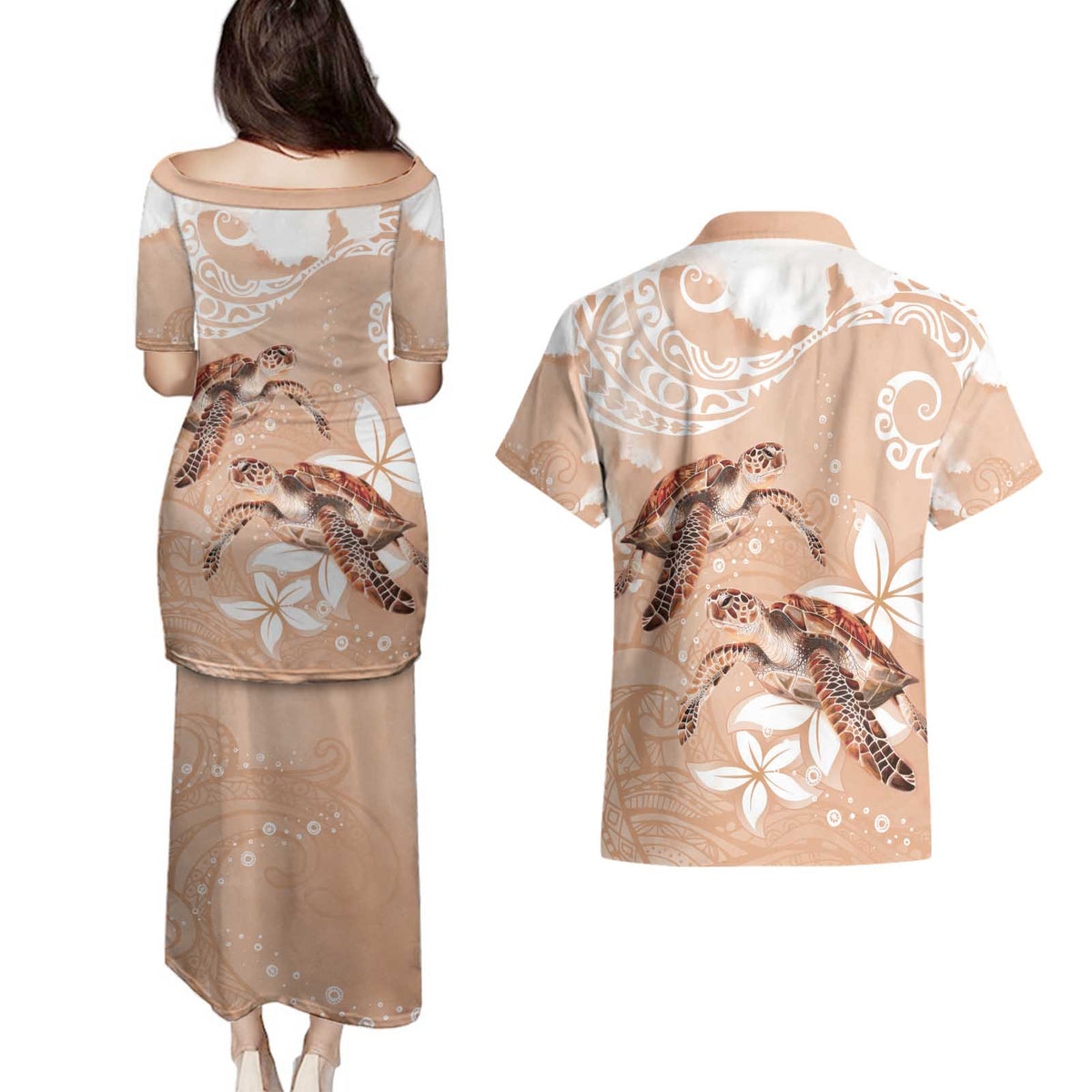 Happy Valentine's Day Polynesia Couples Matching Puletasi and Hawaiian Shirt SeaTurtle Couple Polynesian - Desert Sand Color LT14 - Polynesian Pride