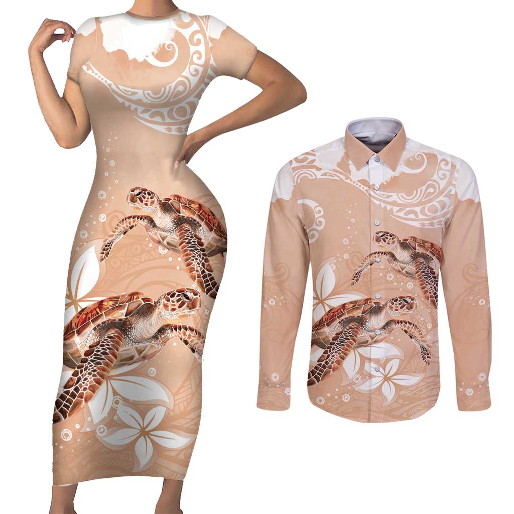 Happy Valentine's Day Polynesia Couples Matching Short Sleeve Bodycon Dress and Long Sleeve Button Shirt SeaTurtle Couple Polynesian - Desert Sand Color LT14 Desert Sand - Polynesian Pride