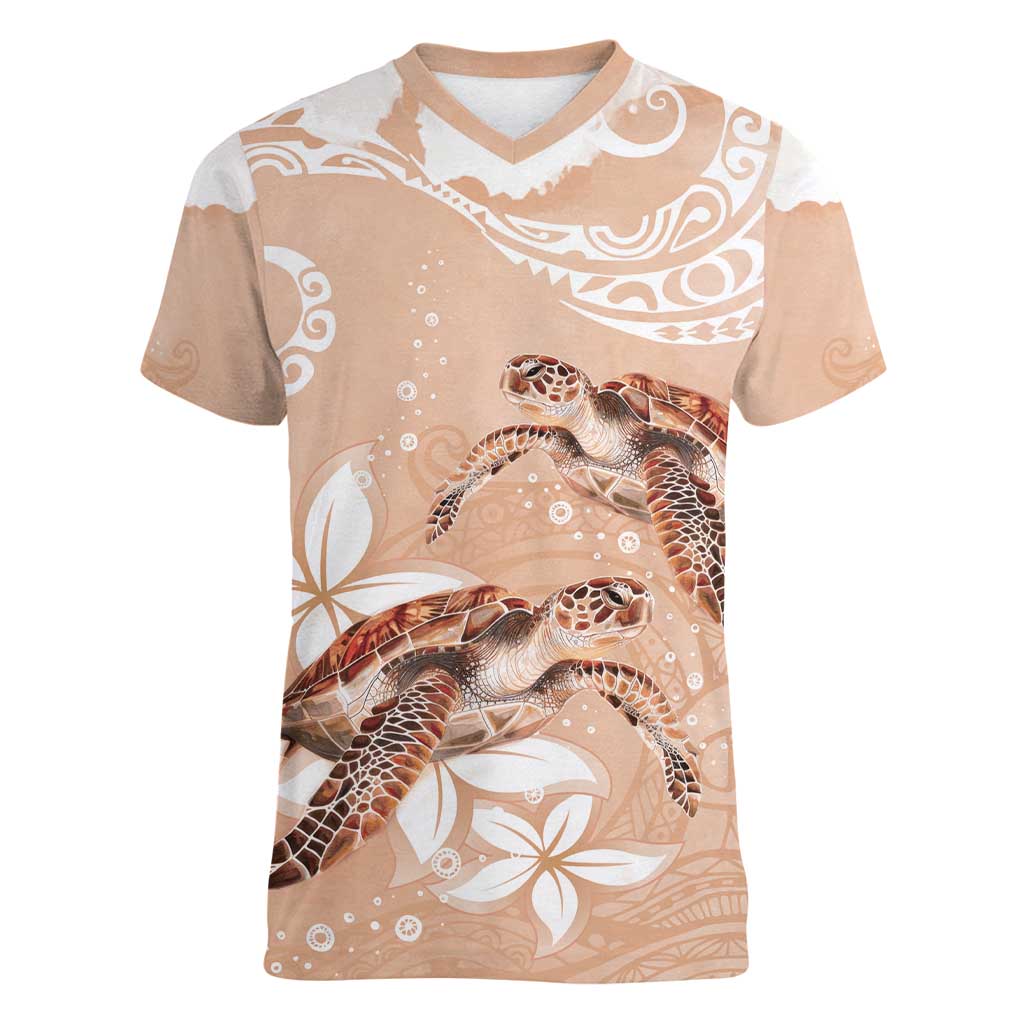 Happy Valentine's Day Polynesia Women V-Neck T-Shirt SeaTurtle Couple Polynesian - Desert Sand Color LT14 Female Desert Sand - Polynesian Pride