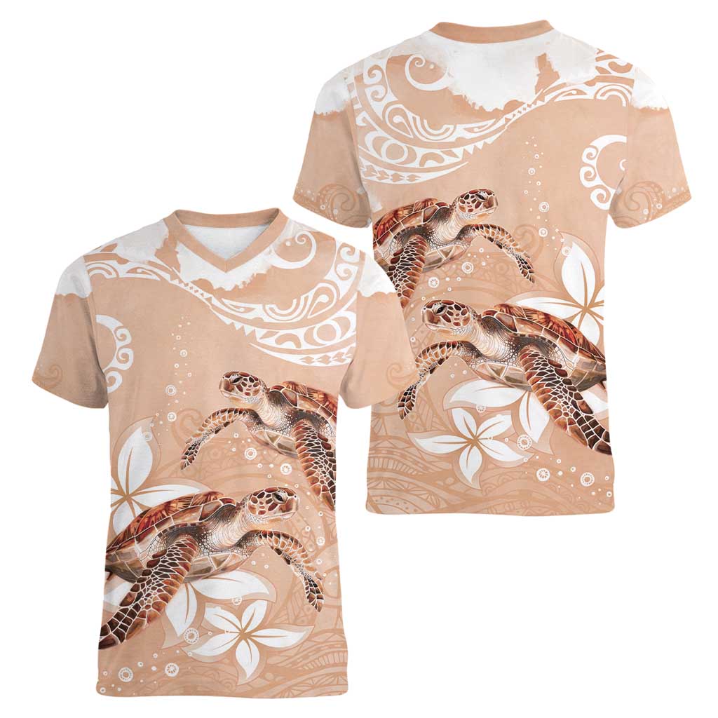 Happy Valentine's Day Polynesia Women V-Neck T-Shirt SeaTurtle Couple Polynesian - Desert Sand Color LT14 - Polynesian Pride