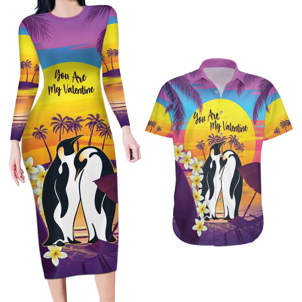 Hawaii Penguin Couple Couples Matching Long Sleeve Bodycon Dress and Hawaiian Shirt You Are My Valentine - Tropical Sunset Vibes LT14 Purple - Polynesian Pride