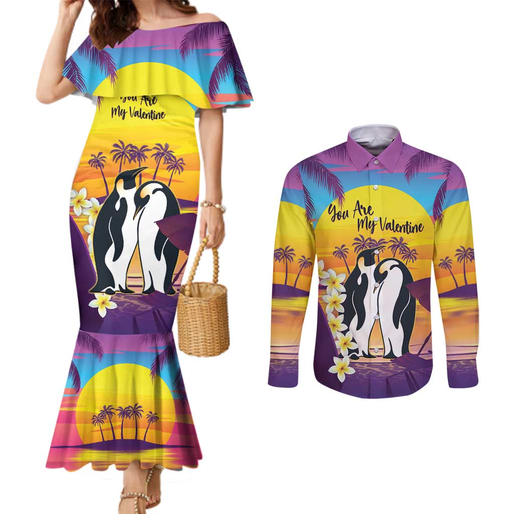 Hawaii Penguin Couple Couples Matching Mermaid Dress and Long Sleeve Button Shirt You Are My Valentine - Tropical Sunset Vibes LT14 Purple - Polynesian Pride