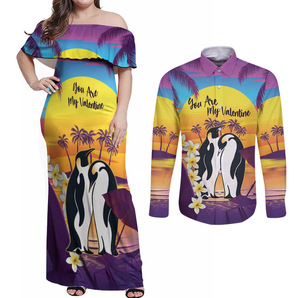 Hawaii Penguin Couple Couples Matching Off Shoulder Maxi Dress and Long Sleeve Button Shirt You Are My Valentine - Tropical Sunset Vibes LT14 Purple - Polynesian Pride