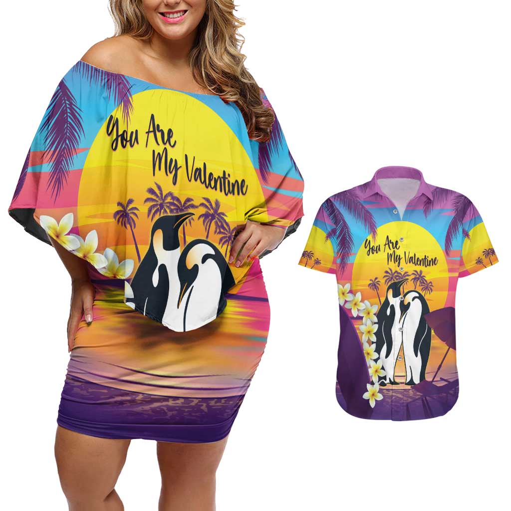 Hawaii Penguin Couple Couples Matching Off Shoulder Short Dress and Hawaiian Shirt You Are My Valentine - Tropical Sunset Vibes LT14 Purple - Polynesian Pride
