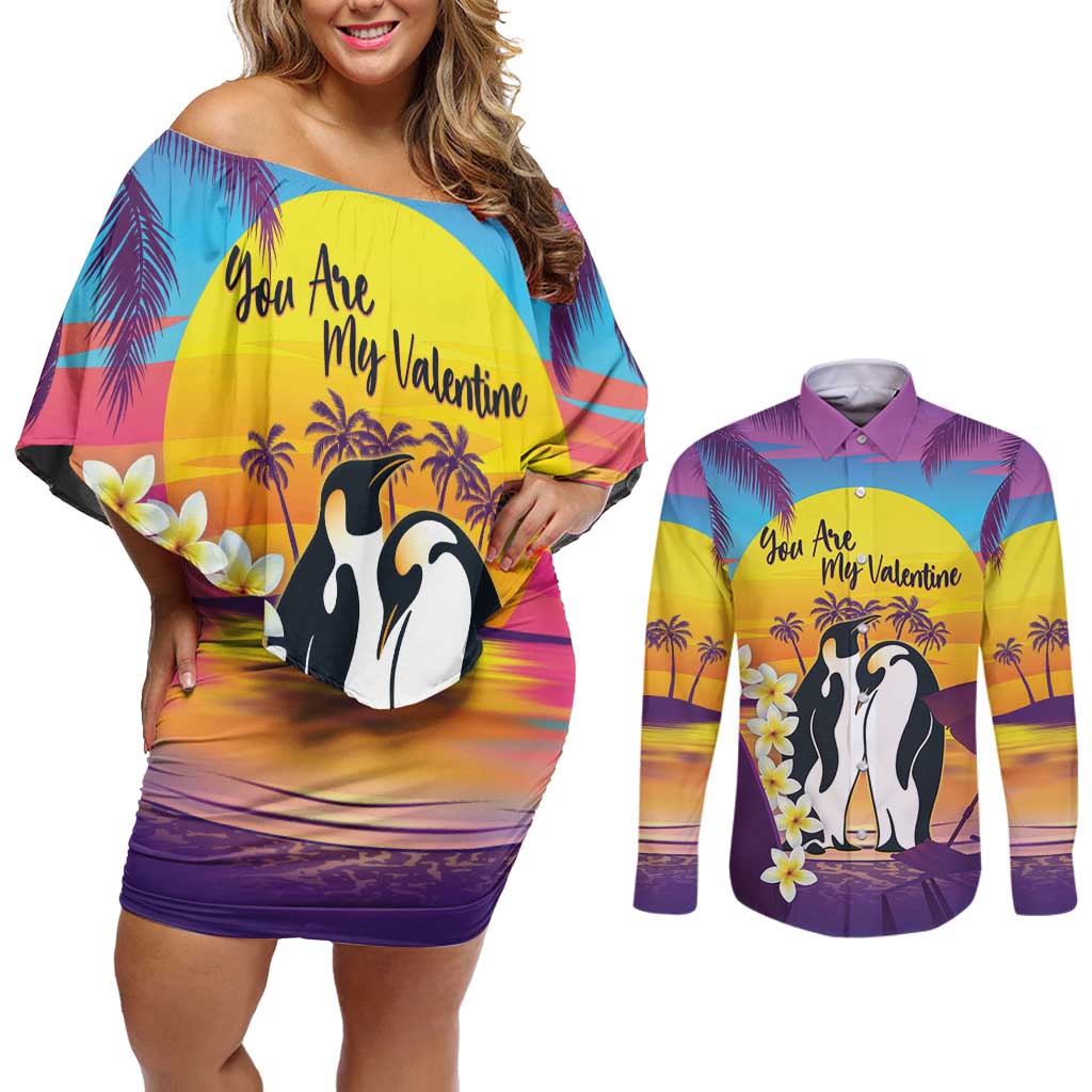 Hawaii Penguin Couple Couples Matching Off Shoulder Short Dress and Long Sleeve Button Shirt You Are My Valentine - Tropical Sunset Vibes LT14 Purple - Polynesian Pride