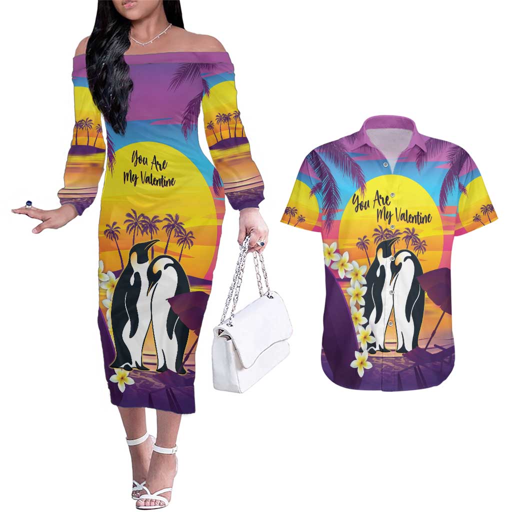Hawaii Penguin Couple Couples Matching Off The Shoulder Long Sleeve Dress and Hawaiian Shirt You Are My Valentine - Tropical Sunset Vibes LT14 Purple - Polynesian Pride