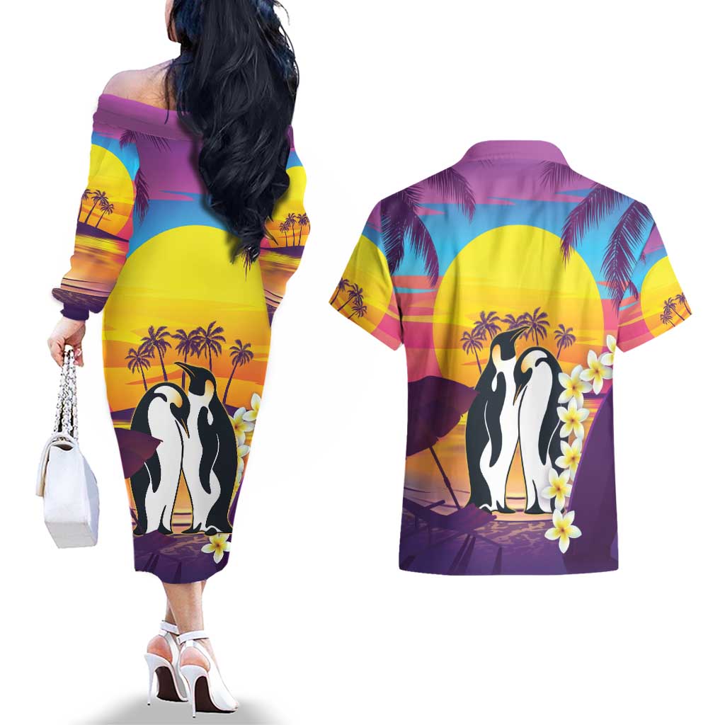 Hawaii Penguin Couple Couples Matching Off The Shoulder Long Sleeve Dress and Hawaiian Shirt You Are My Valentine - Tropical Sunset Vibes LT14 - Polynesian Pride
