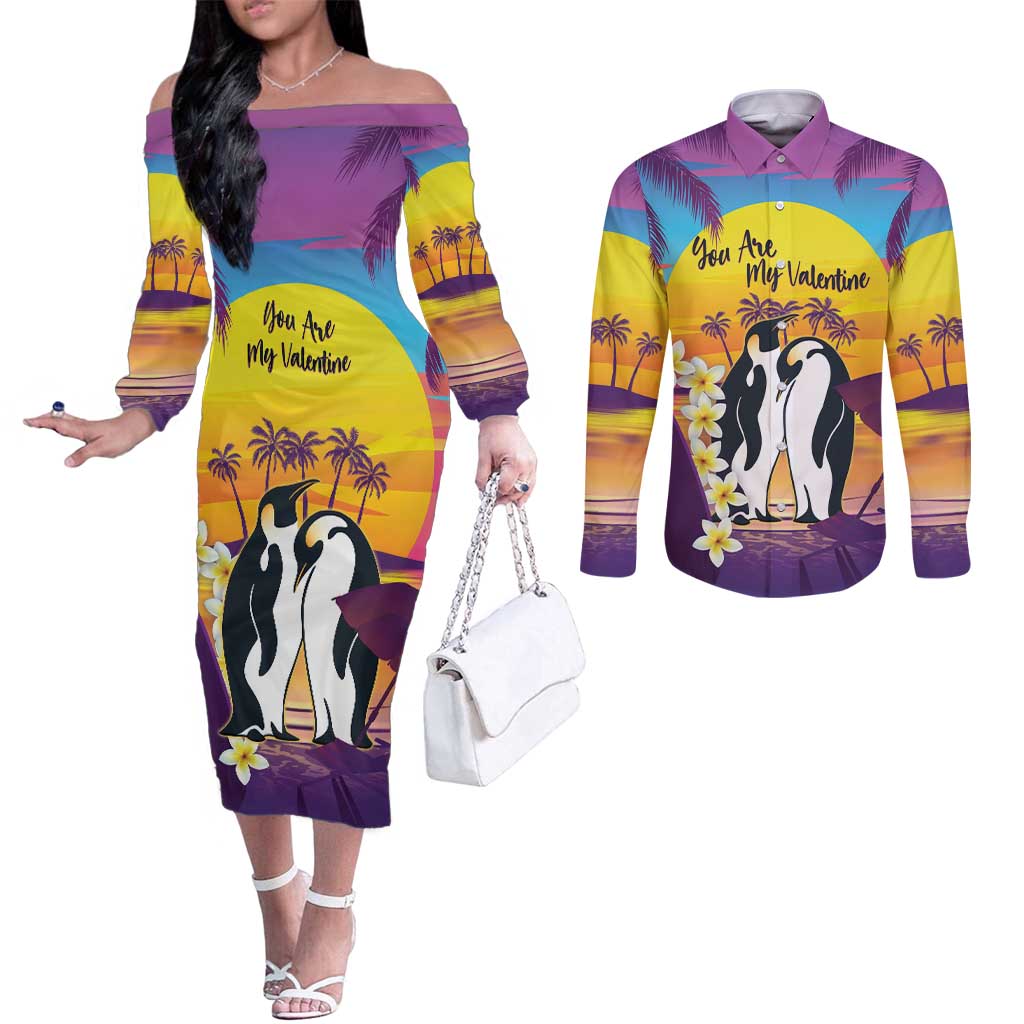 Hawaii Penguin Couple Couples Matching Off The Shoulder Long Sleeve Dress and Long Sleeve Button Shirt You Are My Valentine - Tropical Sunset Vibes LT14 Purple - Polynesian Pride