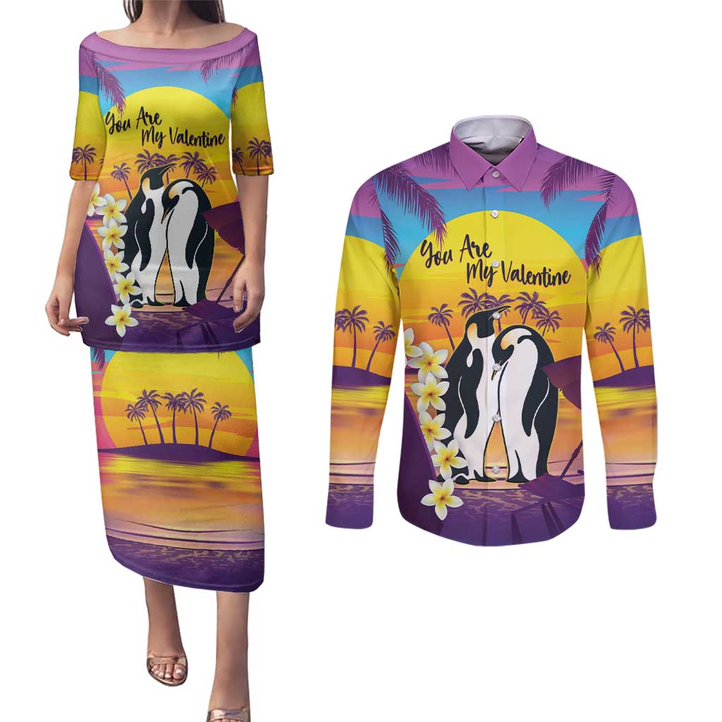 Hawaii Penguin Couple Couples Matching Puletasi and Long Sleeve Button Shirt You Are My Valentine - Tropical Sunset Vibes LT14 Purple - Polynesian Pride