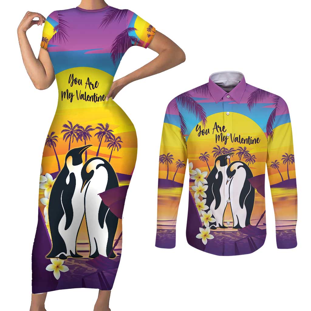 Hawaii Penguin Couple Couples Matching Short Sleeve Bodycon Dress and Long Sleeve Button Shirt You Are My Valentine - Tropical Sunset Vibes LT14 Purple - Polynesian Pride