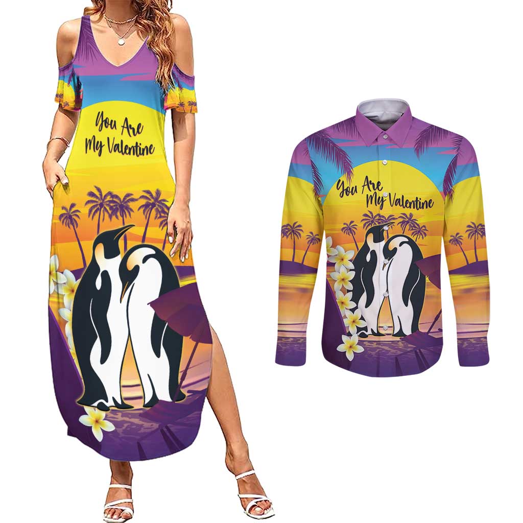 Hawaii Penguin Couple Couples Matching Summer Maxi Dress and Long Sleeve Button Shirt You Are My Valentine - Tropical Sunset Vibes LT14 Purple - Polynesian Pride