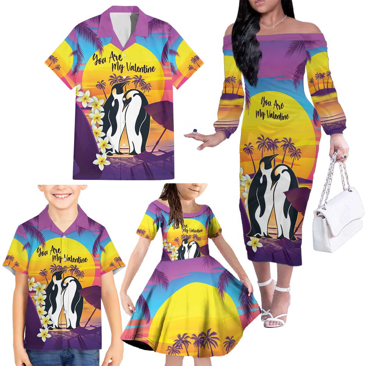 Hawaii Penguin Couple Family Matching Off The Shoulder Long Sleeve Dress and Hawaiian Shirt You Are My Valentine - Tropical Sunset Vibes LT14 - Polynesian Pride