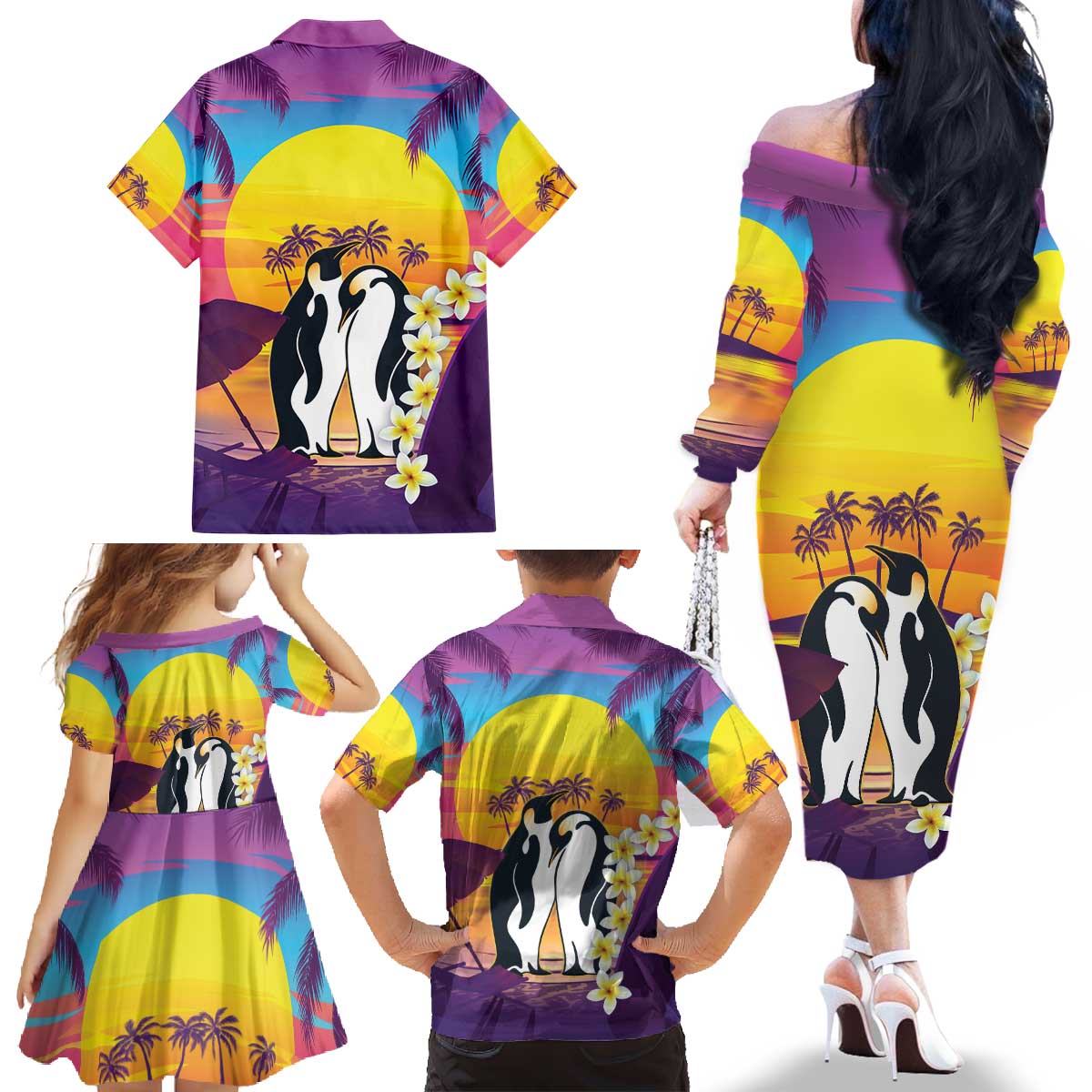 Hawaii Penguin Couple Family Matching Off The Shoulder Long Sleeve Dress and Hawaiian Shirt You Are My Valentine - Tropical Sunset Vibes LT14 - Polynesian Pride