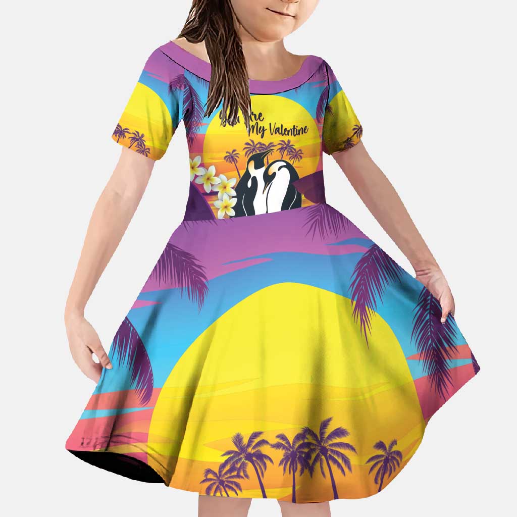 Hawaii Penguin Couple Family Matching Off Shoulder Maxi Dress and Hawaiian Shirt You Are My Valentine - Tropical Sunset Vibes LT14 Daughter's Dress Purple - Polynesian Pride