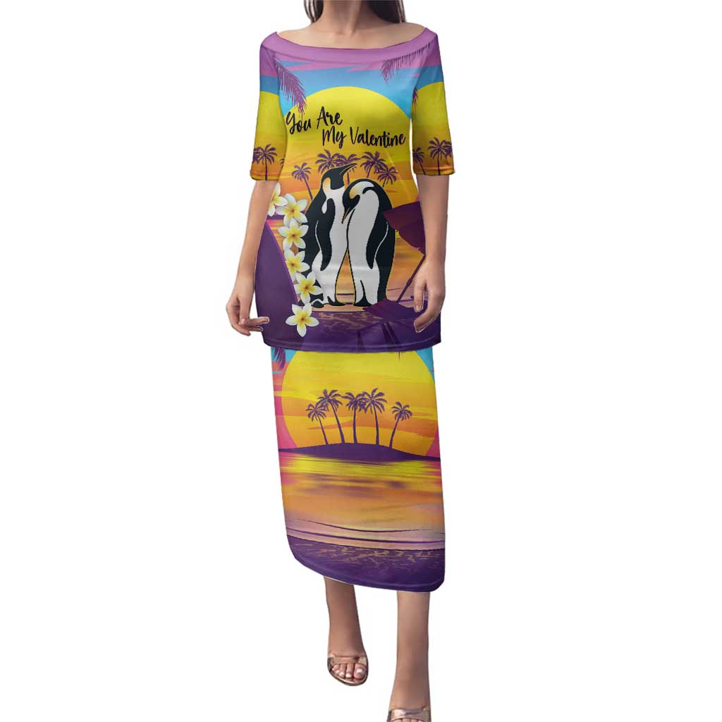 Hawaii Penguin Couple Family Matching Puletasi and Hawaiian Shirt You Are My Valentine - Tropical Sunset Vibes LT14 Mom's Dress Purple - Polynesian Pride