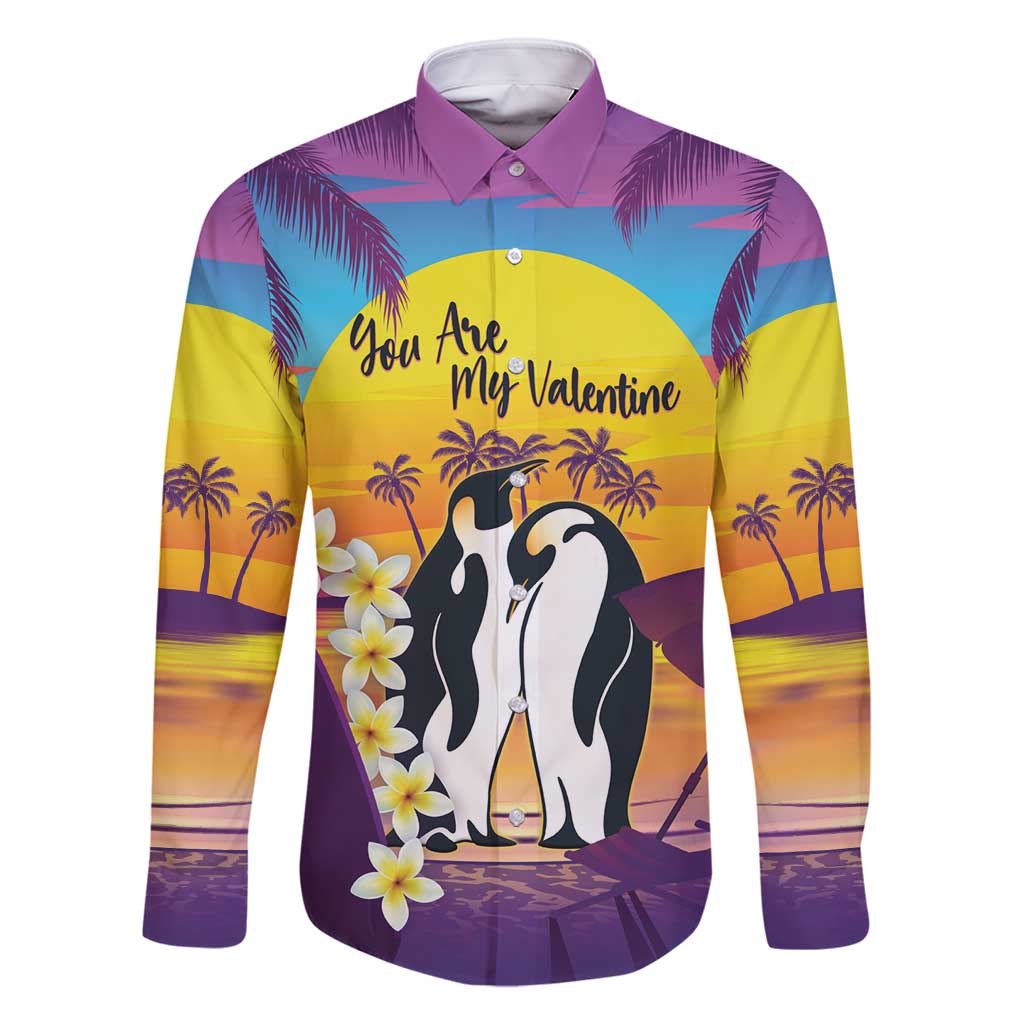 Hawaii Penguin Couple Family Matching Tank Maxi Dress and Hawaiian Shirt You Are My Valentine - Tropical Sunset Vibes LT14 Dad's Shirt - Long Sleeve Purple - Polynesian Pride