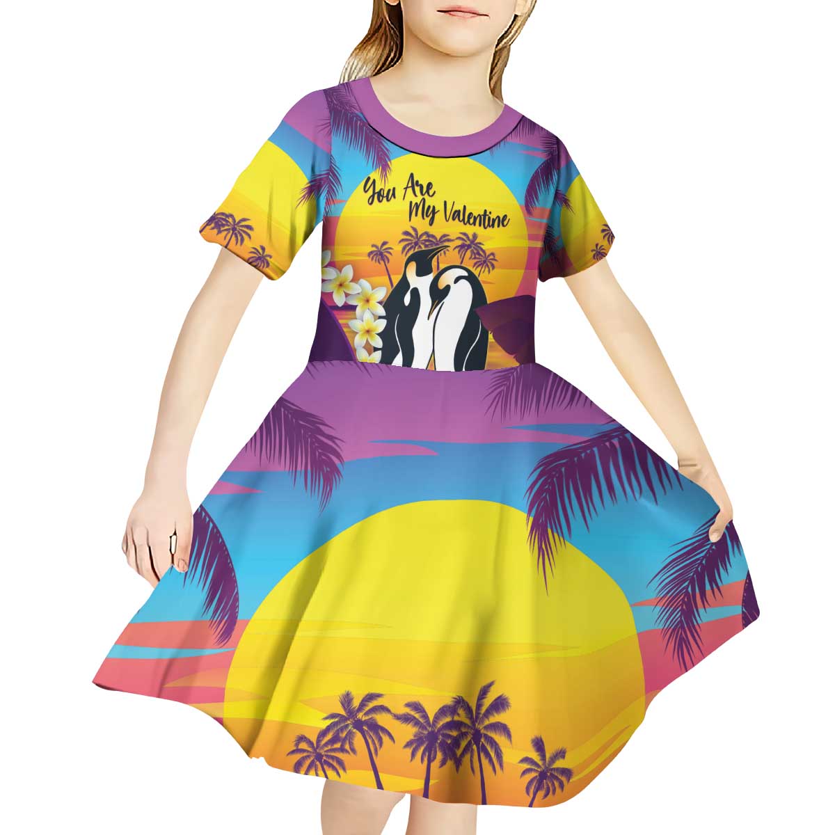 Hawaii Penguin Couple Kid Short Sleeve Dress You Are My Valentine - Tropical Sunset Vibes LT14 - Polynesian Pride